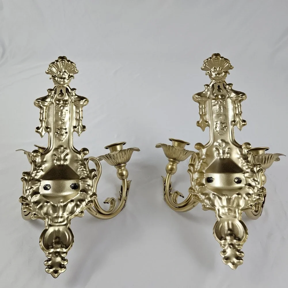Hollywood Regency Candle Wall Sconces Double Arm Ornate Gold Cast Metal Louis XV